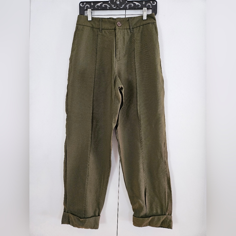 A New Day Hunter Green Chinos Straight Leg Pants Elastic back w Packets Size 8